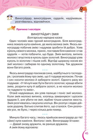 45
Причина і наслідок
ВИНОГРÀДАР І ЗМІЯ
Болгарська народна казка
Один чоловік мав гарний виноградник. Біля виноград-
ника лежала купа кам³ння, де жила велика змія. Якось ви-
ноградар побачив змію і надумав зробити їй добро. Узяв
кóхоль свіжого молока, приніс, поставив біля каміння і став
оддал³к — хотів побачити, що буде. Змія вилізла, випила
молоко і впустила в кухоль один золотий. Виноградар узяв
кухоль із золотим і пішов собі. Відтîді щоранку носив він
змії молоко і забирав по одному золотому. Так дружили
вони багато років.
Виногрàдар, виногрàдник, оддал³к, надóмавши,
розгн³валась, відновèтися.
* * *
Якось виноградар покликав сина, майбутнього господа-
ря, і розповів йому про змію, що її годував молоком. Почав
і син носити молоко й забирати золот³. Одного разу він
подумав: «У тій купі має бути багато золотих; краще вбити
змію, розрити купу й забрати золоті, а не носити молоко
та годувати ту змію».
Отакå надумавши, він узяв палицю і поніс змії молоко.
Коли змія молоко випила, хлопець замахнувся і щосили
вдарив її, але убити не зміг, відбив тільки шматок хвоста.
Змія розгнівалась і вкусила хлопця. Він розпух і ледве дій-
шов додому. Батько спитав його, що сталося. Син розпо-
вів усе, як було, і через кілька днів помер.
* * *
Минуло багато часу, і якось прийшов виноградар до тієї
сàмої купи каміння. Вилізла і змія. Виноградар їй каже:
— Давай знову дружити, як раніше дружили.
А змія йому відповіла:
 