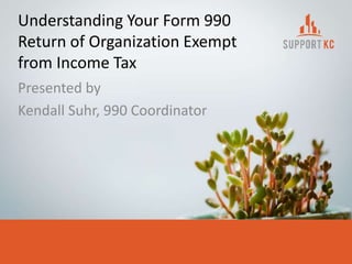 Understanding Your Form 990
Return of Organization Exempt
from Income Tax
Presented by
Kendall Suhr, 990 Coordinator
 