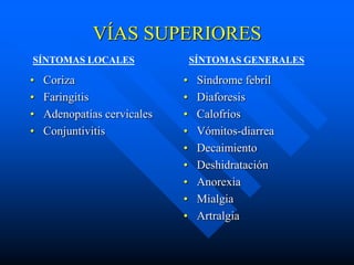 VÍAS SUPERIORES
SÍNTOMAS LOCALES                 SÍNTOMAS GENERALES

•   Coriza                   •    Síndrome febril
•   Faringitis               •    Diaforesis
•   Adenopatías cervicales   •    Calofríos
•   Conjuntivitis            •    Vómitos-diarrea
                             •    Decaimiento
                             •    Deshidratación
                             •    Anorexia
                             •    Mialgia
                             •    Artralgia
 