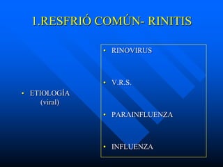 1.RESFRIÓ COMÚN- RINITIS

               • RINOVIRUS



               • V.R.S.
• ETIOLOGÍA
     (viral)
               • PARAINFLUENZA



               • INFLUENZA
 