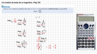 2.4 cambio de base de un logaritmo Pág 125
𝒍𝒐𝒈𝟑
𝟏
𝟑
𝟒
𝒍𝒐𝒈𝟑
𝟏
𝟖
𝒍𝒐𝒈𝟏
𝟖
𝟏
𝟑
𝟒
=
c = 3
𝒍𝒐𝒈𝟑
𝟏
𝟒
𝟏
𝟑
𝒍𝒐𝒈𝟑
𝟏
𝟖
𝒍𝒐𝒈𝟑 𝟐
−𝟐
𝟑
𝒍𝒐𝒈𝟑 𝟐−𝟑
−𝟐
𝟑 𝒍𝒐𝒈𝟑 𝟐
−𝟑 𝒍𝒐𝒈𝟑 𝟐
−𝟐
𝟑
−𝟑
𝟏
=
−𝟐
−𝟗
𝒍𝒐𝒈𝟑
𝟏
𝟐𝟐 𝟏
𝟑
𝒍𝒐𝒈𝟑
𝟏
𝟐𝟑
𝒍𝒐𝒈𝟑
𝟏
𝟐
𝟐
𝟑
𝒍𝒐𝒈𝟑
𝟏
𝟐𝟑
=
𝟐
𝟗
 