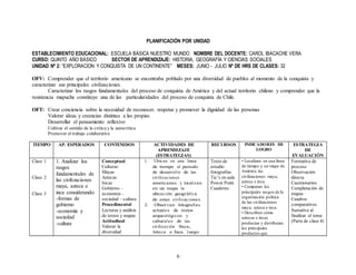 6
PLANIFICACIÓN POR UNIDAD
ESTABLECIMIENTO EDUCACIONAL: ESCUELA BÁSICA NUESTRO MUNDO NOMBRE DEL DOCENTE: CAROL IBACACHE VERA
CURSO: QUINTO AÑO BÁSICO SECTOR DE APRENDIZAJE: HISTORIA, GEOGRAFÍA Y CIENCIAS SOCIALES
UNIDAD Nº 2: “EXPLORACION Y CONQUISTA DE UN CONTINENTE” MESES: JUNIO - JULIO Nº DE HRS DE CLASES: 32
OFV: Comprender que el territorio americano se encontraba poblado por una diversidad de pueblos al momento de la conquista y
caracterizar sus principales civilizaciones.
Caracterizar los rasgos fundamentales del proceso de conquista de América y del actual territorio chileno y comprender que la
resistencia mapuche constituye una de las particularidades del proceso de conquista de Chile.
OFT: Crear conciencia sobre la necesidad de reconocer, respetar y promover la dignidad de las personas
Valorar ideas y creencias distintas a las propias
Desarrollar el pensamiento reflexivo
Cultivar el sentido de la crítica y la autocrítica
Promover el trabajo colaborativo
TIEMPO AP. ESPERADOS CONTENIDOS ACTIVIDADES DE
APRENDIZAJE
(ESTRATEGIAS)
RECURSOS INDICADORES DE
LOGRO
ESTRATEGIA
DE
EVALUACIÓN
Clase 1
Clase 2
Clase 3
1. Analizar los
rasgos
fundamentales de
las civilizaciones
maya, azteca e
inca considerando:
-formas de
gobierno
-economía y
sociedad
-cultura
Conceptual
Culturas:
Mayas
Aztecas
Incas
Gobierno –
economía –
sociedad – cultura
Procedimental
Lecturas y análisis
de textos y mapas
Actitudinal
Valorar la
diversidad
1. Ubican en una linea
de tiempo el periodo
de desarrollo de las
civilizaciones
americanas y localizan
en un mapa la
ubicación geográfica
de estas civilizaciones.
2. Observan fotografías
actuales de restos
arqueológicos y
culturales de las
civilización Maya,
Azteca e Inca. Luego
Texto de
estudio
fotografías
Tic’s en aula
Power Point
Cuaderno
• Localizan en una línea
de tiempo y un mapa de
América las
civilizaciones maya,
azteca e inca.
• Comparan los
principales rasgos de la
organización política
de las civilizaciones
maya, azteca e inca.
• Describen cómo
aztecas e incas
producían y distribuían
los principales
productos que
Formativa de
proceso
Observación
directa
Cuestionarios
Completación de
mapas
Cuadros
comparativos
Sumativa al
finalizar el tema
(Parte de clase 4)
 