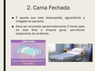 2. Cama Fechada
■ É aquela que está desocupada, aguardando a
chegada do paciente.
■ Deve ser arrumada aproximadamente 2 horas após
ter sido feita a limpeza geral, permitindo
arejamento do ambiente.
 