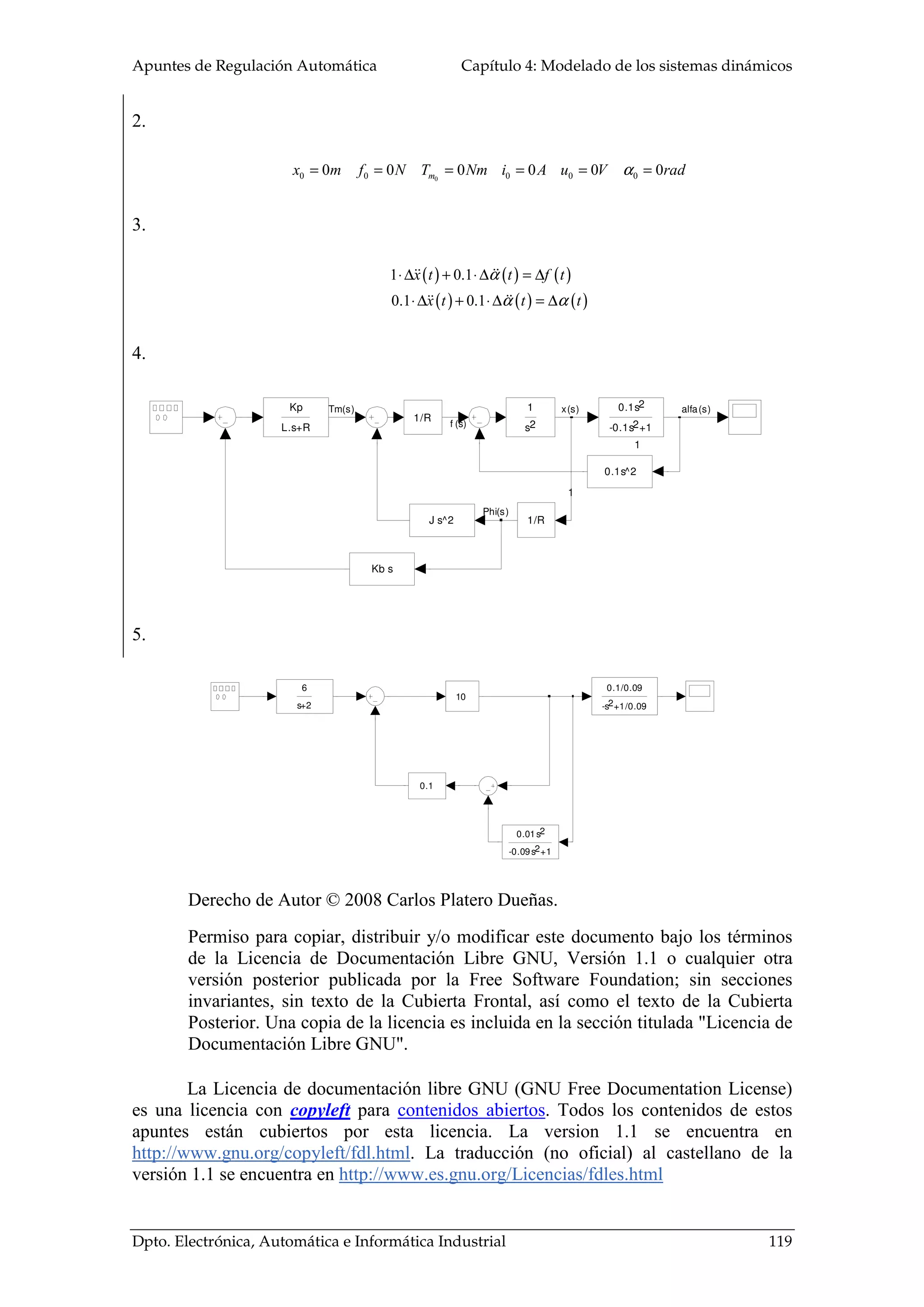 Apuntes de Regulación Automática Capítulo 4: Modelado de los sistemas dinámicos
Dpto. Electrónica, Automática e Informática Industrial 119
2.
00 0 0 0 00 0 0 0 0 0mx m f N T Nm i A u V radα= = = = = =
3.
( ) ( ) ( )
( ) ( ) ( )
1 0.1
0.1 0.1
x t t f t
x t t t
α
α α
⋅∆ + ⋅∆ = ∆
⋅∆ + ⋅∆ = ∆
4.
1
0.1s2
-0.1s +12
1
1/R
0.1s^2
Kb s
1
s2
J s^2
1/R
Kp
L.s+R
Tm(s) x(s)
Phi(s)
alfa(s)
f (s)
5.
10
0.1
0.1/0.09
-s +1/0.092
0.01s2
-0.09s +12
6
s+2
Derecho de Autor © 2008 Carlos Platero Dueñas.
Permiso para copiar, distribuir y/o modificar este documento bajo los términos
de la Licencia de Documentación Libre GNU, Versión 1.1 o cualquier otra
versión posterior publicada por la Free Software Foundation; sin secciones
invariantes, sin texto de la Cubierta Frontal, así como el texto de la Cubierta
Posterior. Una copia de la licencia es incluida en la sección titulada "Licencia de
Documentación Libre GNU".
La Licencia de documentación libre GNU (GNU Free Documentation License)
es una licencia con copyleft para contenidos abiertos. Todos los contenidos de estos
apuntes están cubiertos por esta licencia. La version 1.1 se encuentra en
http://www.gnu.org/copyleft/fdl.html. La traducción (no oficial) al castellano de la
versión 1.1 se encuentra en http://www.es.gnu.org/Licencias/fdles.html
 