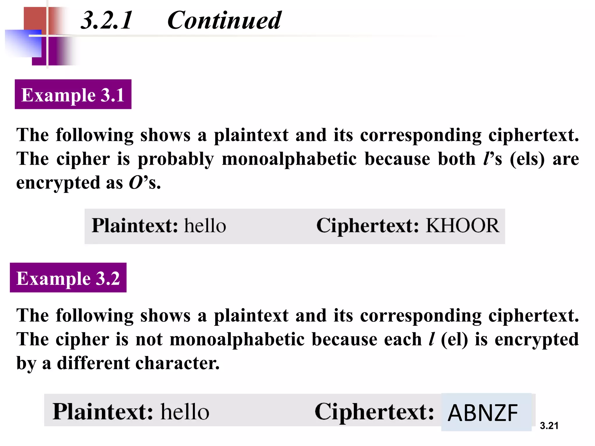 3.21
3.2.1 Continued
The following shows a plaintext and its corresponding ciphertext.
The cipher is probably monoalphabetic because both l’s (els) are
encrypted as O’s.
Example 3.1
The following shows a plaintext and its corresponding ciphertext.
The cipher is not monoalphabetic because each l (el) is encrypted
by a different character.
Example 3.2
ABNZF
 