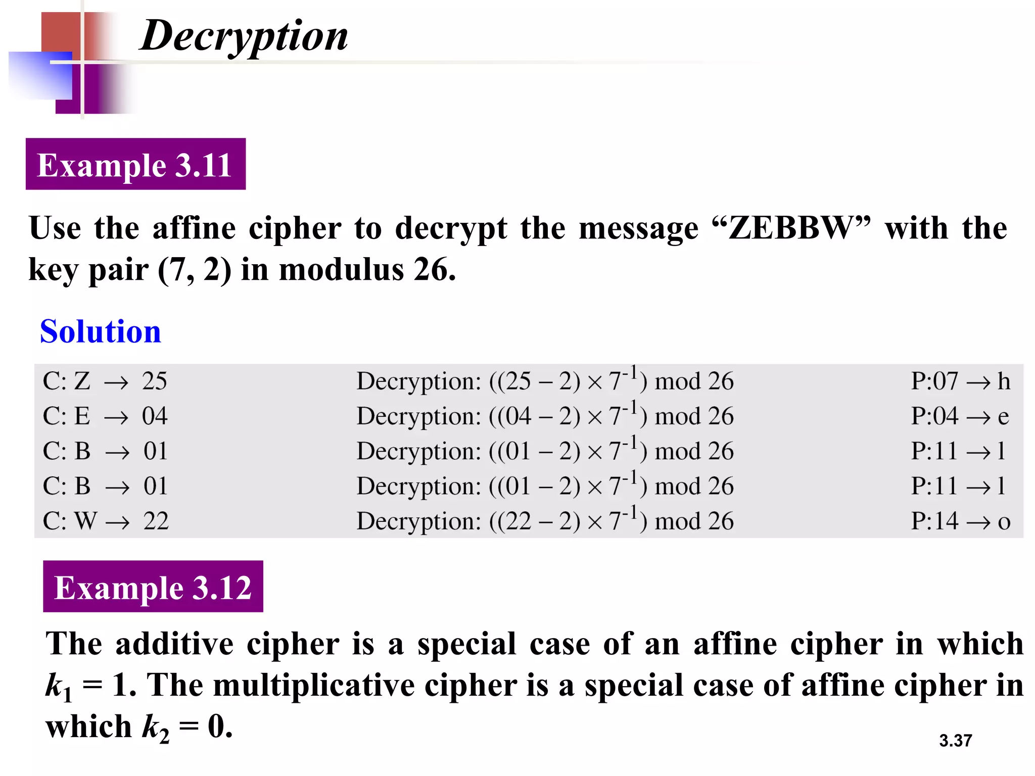 3.37
Decryption
Use the affine cipher to decrypt the message “ZEBBW” with the
key pair (7, 2) in modulus 26.
Example 3.11
Solution
The additive cipher is a special case of an affine cipher in which
k1 = 1. The multiplicative cipher is a special case of affine cipher in
which k2 = 0.
Example 3.12
 