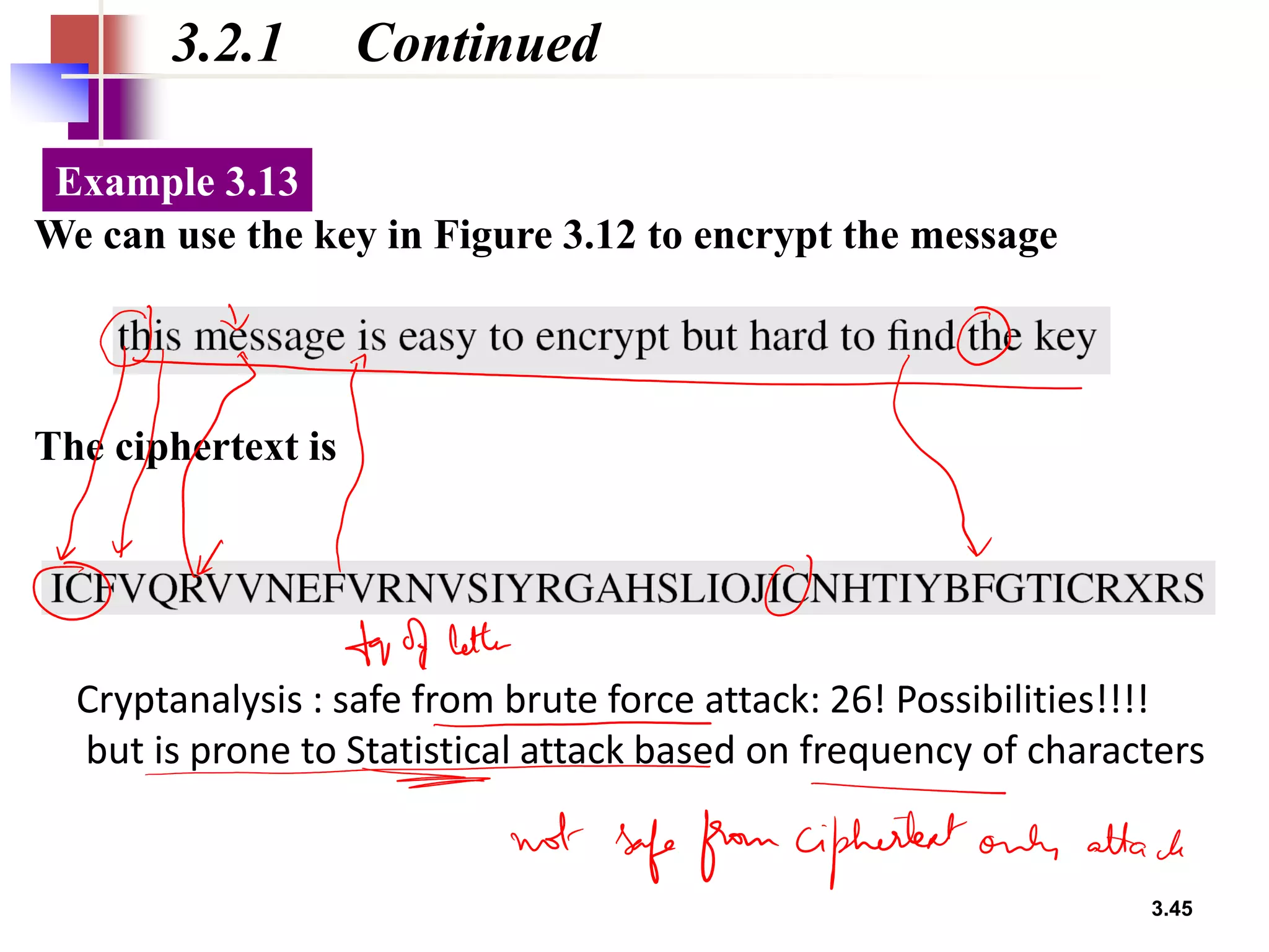 3.45
3.2.1 Continued
We can use the key in Figure 3.12 to encrypt the message
Example 3.13
The ciphertext is
Cryptanalysis : safe from brute force attack: 26! Possibilities!!!!
but is prone to Statistical attack based on frequency of characters
 