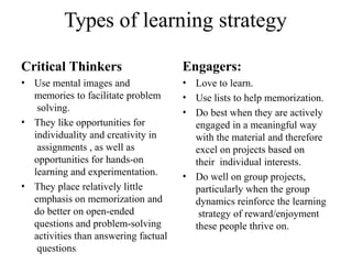 Types of learning strategy
Critical Thinkers
• Use mental images and
memories to facilitate problem
solving.
• They like opportunities for
individuality and creativity in
assignments , as well as
opportunities for hands-on
learning and experimentation.
• They place relatively little
emphasis on memorization and
do better on open-ended
questions and problem-solving
activities than answering factual
questions.
Engagers:
• Love to learn.
• Use lists to help memorization.
• Do best when they are actively
engaged in a meaningful way
with the material and therefore
excel on projects based on
their individual interests.
• Do well on group projects,
particularly when the group
dynamics reinforce the learning
strategy of reward/enjoyment
these people thrive on.
 