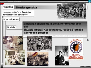 La Segona República Història d’Espanya i Catalunya Armand Figuera 
RReceucrusrossos SOSROTRITRIR 
TOTRONRANRAR 
3.2.- Bienni progressista (1931-1933) 
La construcció d’una República 
democràtica i d’esquerres 
Professionalització de l’Exèrcit (retir anticipat) 
Jurisdicció militar sotmesa a la civil 
Creació Guàrdies d’Assalt 
LLeess rreeffoorrmmeess 
Religioses 
Militars 
6 
-Secularització dels usos socials (cementiris, llei del divorci) 
-Control estatal sobre les activitats de les associacions religioses 
-Reversió a l’Estat d’una part del patrimoni nacional dels béns eclesiàstics 
-L’eliminació de la influència religiosa en l’ensenyament 
.Dissolució de la Companyia de Jesús 
.Llei de congregacions (1933) (Regularització i fiscalització 
d’activitats, prohibició d’exercir l’ensenyament) 
 