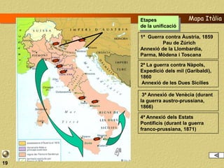 Etapes               Mapa Itàlia
     de la unificació

     1ª Guerra contra Àustria, 1859
              Pau de Zúrich
     Annexió de la Llombardia,
     Parma, Mòdena i Toscana

     2ª La guerra contra Nàpols,
     Expedició dels mil (Garibaldi),
     1860
     Annexió de les Dues Sicílies

      3ª Annexió de Venècia (durant
     la guerra austro-prussiana,
     1866)

     4ª Annexió dels Estats
     Pontificis (durant la guerra
     franco-prussiana, 1871)




19
 