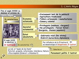 1.- L’Antic Règim
Fins el segle XVIII va
dominar el sistema de
l’Antic Règim                                 -Creixement lent de la població
                                              -Agricultura tradicional
    Es caracteritzava         Economia        -Tallers artesanals i manufactures
    per                       estancada       -Comerç colonial

                                              -Privilegiats (noblesa, clergues)
                              Societat        -No privilegiats -Tercer Estat-
                              estamental      (burgesia, classes populars)

                              Estat
                                               -Sobirania reial (llei divina)
                              absolutista
                                               -Exèrcit,burocràcia,diplomàcia
    El segle XVIII
     va aparèixer la                               Per influència de la Il·lustració
    Il·lustració        Es caracteritza            es desenvolupa el Despotisme Il·lustrat

         La raó, el “segle de les llums”                        Dóna lloc al
         Felicitat, progrés, reformisme, tolerància, Natura
         L’Enciclopèdia (Diderot i d’Alembert)                Pensament polític il·lustrat

2
 
