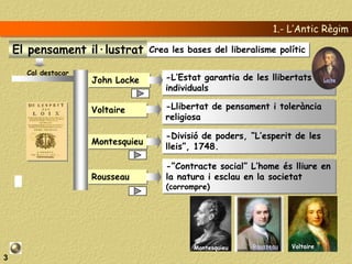 1.- L’Antic Règim

    El pensament il·lustrat        Crea les bases del liberalisme polític

      Cal destacar
                     John Locke        -L’Estat garantia de les llibertats        Locke

                                       individuals

                     Voltaire          -Llibertat de pensament i tolerància
                                       religiosa

                                       -Divisió de poders, “L’esperit de les
                     Montesquieu
                                       lleis”, 1748.

                                       -”Contracte social” L’home és lliure en
                     Rousseau          la natura i esclau en la societat
                                       (corrompre)




                                              Montesquieu   Rousseau   Voltaire
3
 