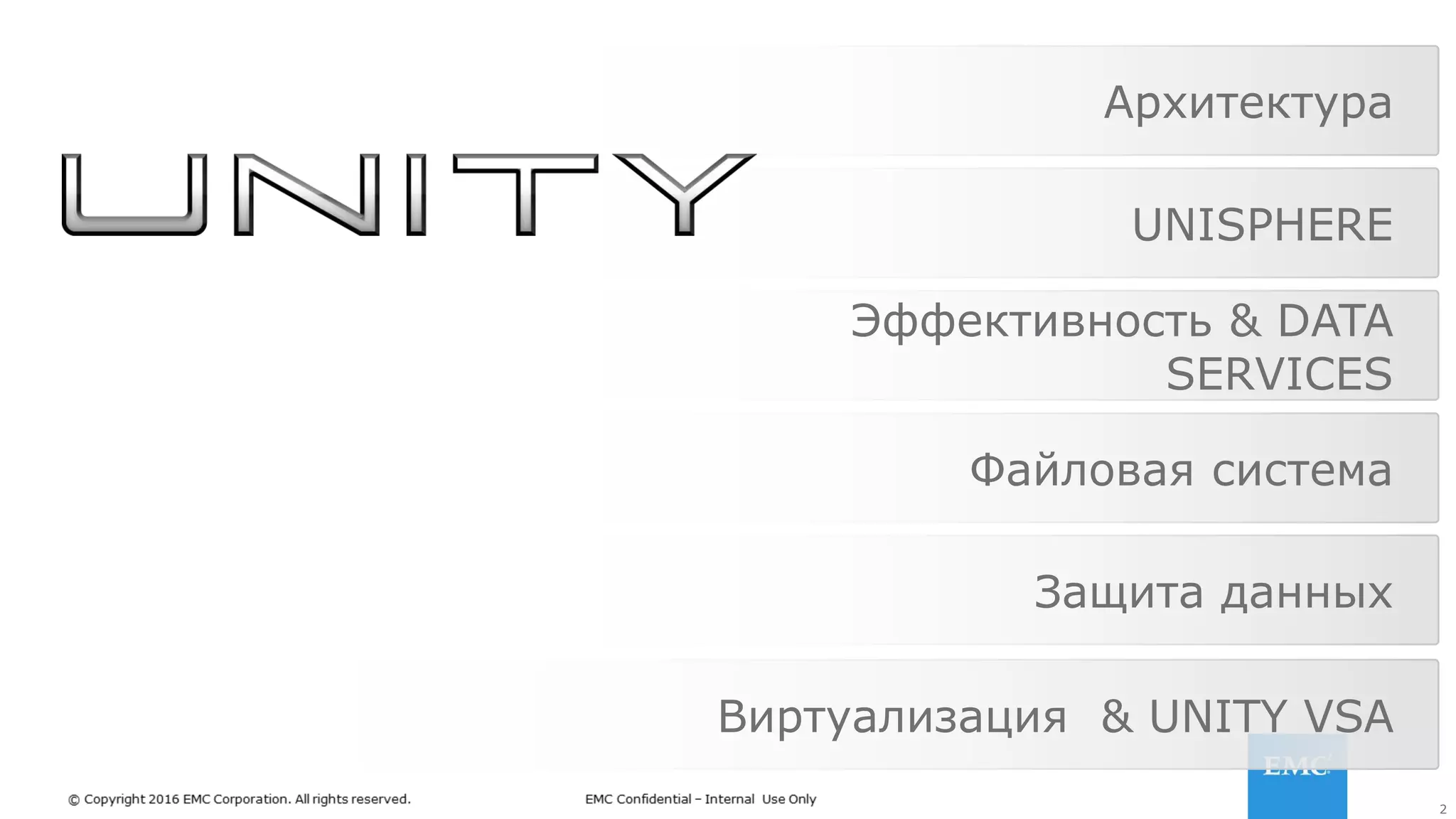 2
Архитектура
Файловая система
Эффективность & DATA
SERVICES
UNISPHERE
Защита данных
Виртуализация & UNITY VSA
 