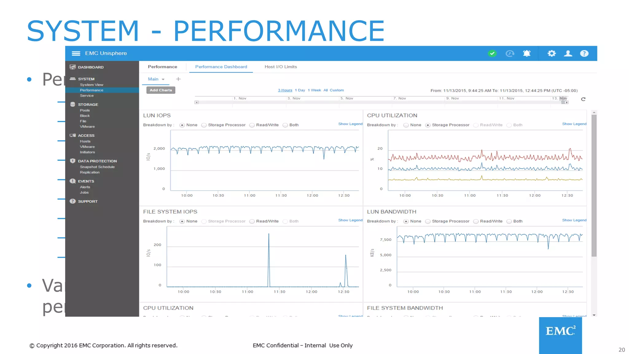 20
• Performance Charts
– System Cache
– System IO
– System Resources
– LUN
– File System
– Fibre Channel Port
– iSCSI Interface
– Ethernet Port
– Disk
• Various metrics chart options can be chosen for each type of
performance chart
SYSTEM - PERFORMANCE
 