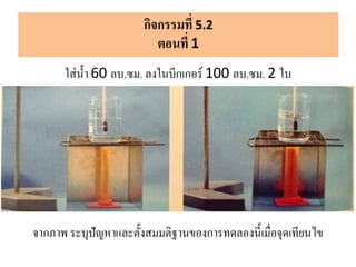 ใส่น้า 60 ลบ.ซม. ลงในบีกเกอร์ 100 ลบ.ซม. 2 ใบ
จากภาพ ระบุปัญหาและตั้งสมมติฐานของการทดลองนี้เมื่อจุดเทียนไข
กิจกรรมที่ 5.2
ตอนที่ 1
 
