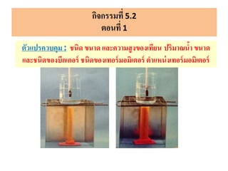 ตัวแปรควบคุม: ชนิด ขนาด และความสูงของเทียน ปริมาณน้า ขนาด
และชนิดของบีกเกอร์ ชนิดของเทอร์มอมิเตอร์ ตาแหน่งเทอร์มอมิเตอร์
กิจกรรมที่ 5.2
ตอนที่ 1
 