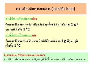 สารที่มีความร้อนจาเพาะน้อย
ต้องการปริมาณความร้อนเพียงเล็กน้อยเพื่อทาให้สารนั้นมวล 1 g มี
อุณหภูมิเพิ่มขึ้น 1 °C
สารที่มีความร้อนจาเพาะมาก
ต้องการปริมาณความร้อนมากเพื่อทาให้สารนั้นมวล 1 g มีอุณหภูมิ
เพิ่มขึ้น 1 °C
ความร้อนจาเพาะของสาร (specific heat)
ในทางกลับกัน ถ้าให้ปริมาณความร้อนเท่ากัน
สารที่มีความร้อนจาเพาะน้อย จะมีอุณหภูมิเพิ่มขึ้นมากกว่าสารที่มีความร้อนจาเพาะมาก
 
