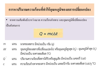• จากความสัมพันธ์ระหว่างมวล ความร้อนจาเพาะ และอุณหภูมิที่เปลี่ยนแปลง
เป็นดังสมการ
การหาปริมาณความร้อนที่ทาให้อุณหภูมิของสสารเปลี่ยนแปลง
 