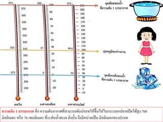 ความดัน 1 บรรยากาศ คือ ความดันอากาศที่สามารถดันปรอทให้ขึ้นไปในกระบอกปลายปิดได้สูง 760
มิลลิเมตร หรือ 76 เซนติเมตร ที่ระดับน้าทะเล ดังนั้น จึงมีหน่วยเป็น มิลลิเมตรของปรอท
 