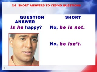   QUESTION   SHORT ANSWER Is he  happy? No,   he is not . No ,  he isn’t . 2-2  SHORT ANSWERS TO YES/NO QUESTIONS 