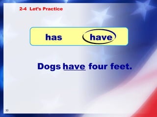 Dogs _____ four feet. have 2-4  Let’s Practice has have 