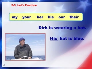 Dirk is wearing a hat. ____ hat is blue. His 2-5  Let’s Practice my  your  her  his  our  their   