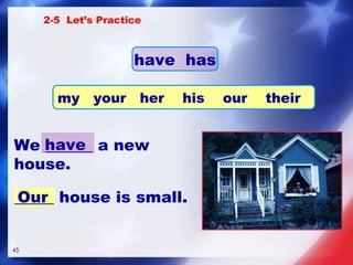 We ______ a new house. have _____ house is small. Our 2-5  Let’s Practice have  has my  your  her  his  our  their 