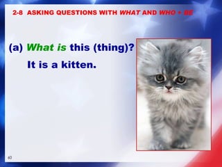 (a)  What is  this (thing)? It is a kitten. 2-8  ASKING QUESTIONS WITH  WHAT  AND  WHO  +  BE 