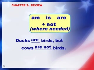 Ducks ____ birds, but cows ________ birds. are not are am  is  are +  not   (where needed) CHAPTER 2:  REVIEW 