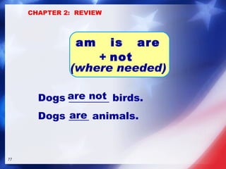 Dogs ________ birds. Dogs ____ animals. are not are am  is  are +  not   (where needed) CHAPTER 2:  REVIEW 