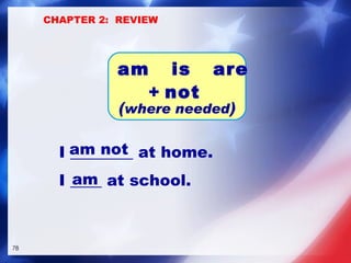 I ________ at home. I ____ at school. am not am am  is  are +  not   ( where needed ) CHAPTER 2:  REVIEW 