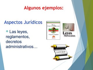 Aspectos Jurídicos
 Las leyes,
reglamentos,
decretos
administrativos…
Algunos ejemplos:
 