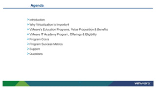 2
Agenda
Introduction
Why Virtualization Is Important
VMware’s Education Programs, Value Proposition & Benefits
VMware IT Academy Program, Offerings & Eligibility
Program Costs
Program Success Metrics
Support
Questions
 