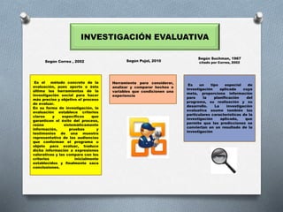 Es el método concreto de la
evaluación, pues aporta a ésta
última las herramientas de la
investigación social para hacer
más preciso y objetivo el proceso
de evaluar.
En su forma de investigación, la
evaluación establece criterios
claros y específicos que
garanticen el éxito del proceso,
reúne sistemáticamente
información, pruebas y
testimonios de una muestra
representativa de las audiencias
que conforman el programa u
objeto para evaluar, traduce
dicha información a expresiones
valorativas y las compara con los
criterios inicialmente
establecidos y finalmente saca
conclusiones.
INVESTIGACIÓN EVALUATIVA
Herramienta para considerar,
analizar y comparar hechos o
variables que condicionen una
experiencia
Es un tipo especial de
investigación aplicada cuya
meta, proporciona información
para la planificación del
programa, su realización y su
desarrollo. La investigación
evaluativa asume también las
particulares características de la
investigación aplicada, que
permite que las predicciones se
conviertan en un resultado de la
investigación
Según Correa , 2002 Según Pujol, 2010
Según Suchman, 1967
citado por Correa, 2002
 