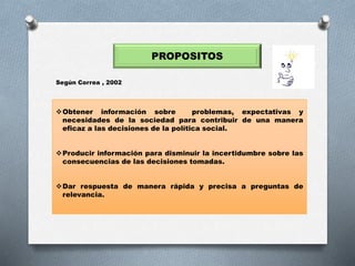 PROPOSITOS
Obtener información sobre problemas, expectativas y
necesidades de la sociedad para contribuir de una manera
eficaz a las decisiones de la política social.
Producir información para disminuir la incertidumbre sobre las
consecuencias de las decisiones tomadas.
Dar respuesta de manera rápida y precisa a preguntas de
relevancia.
Según Correa , 2002
 