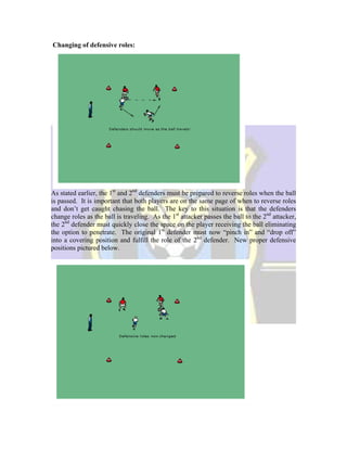 Changing of defensive roles:
As stated earlier, the 1st
and 2nd
defenders must be prepared to reverse roles when the ball
is passed. It is important that both players are on the same page of when to reverse roles
and don’t get caught chasing the ball. The key to this situation is that the defenders
change roles as the ball is traveling. As the 1st
attacker passes the ball to the 2nd
attacker,
the 2nd
defender must quickly close the space on the player receiving the ball eliminating
the option to penetrate. The original 1st
defender must now “pinch in” and “drop off”
into a covering position and fulfill the role of the 2nd
defender. New proper defensive
positions pictured below.
 
