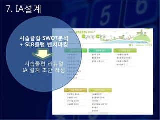 7. IA설계


  시솝클럽 SWOT분석
  + SLR클럽 벤치마킹


    시솝클럽 리뉴얼
   IA 설계 초안 작성
 
