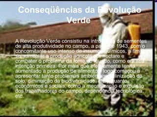Conseqüências da Revolução Verde A Revolução Verde consistiu na introdução de sementes de alta produtividade no campo, a partir de 1943, com o concomitante uso intenso de insumos químicos, a fim de se aumentar a produção agrícola por hectare e combater o problema da fome no mundo, como era sua intenção primeira. Por mais que efetivamente tenha aumentado a produção de alimentos, logo começou a apresentar tanto problemas ambientais (salinização do solo, diminuição da biodiversidade, etc.), quanto econômicos e sociais, como a mecanização e expulsão dos trabalhadores do campo, dependência tecnológica, etc. 