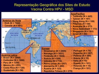 América do Norte
• EUA (N = 7660)
• Canadá (N = 491)
Europa
• Dinamarca (N = 2405)
• Noruega (N = 1831)
• Finlândia (N = 1824)
• Suécia (N = 936)
• Islândia (N = 710)
• Reino Unido (N = 857)
• Alemanha (N = 489)
• Áustria (N = 123)
• República Tcheca (N = 278)
• Portugal (N = 70)
• Espanha (N = 267)
• Polônia (N = 395)
• Grécia (N = 10)
• Itália (N = 70)
• Rússia (N = 101)
• Holanda (N = 15)
• França (N = 101)
Ásia/Pacifico
• Tailândia (N = 445)
• Taiwan (N = 197)
• Hong Kong (N = 109)
• Filipinas (N = 60)
• Austrália (N = 373)
• Nova Zelândia(N = 173)
• Singapura (N = 181)
• Israel (N = 80)
América Latina
•• BrasilBrasil (N = 2868)
• Colômbia (N = 1606)
• Peru (N = 1350)
• México (N = 853)
• Costa Rica (N = 120)
• Guatemala (N = 50)
Representação Geográfica dos Sites de Estudo
Vacina Contra HPV - MSD
 