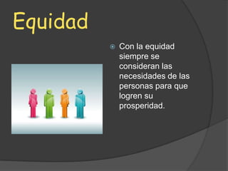 Equidad
             Con la equidad
              siempre se
              consideran las
              necesidades de las
              personas para que
              logren su
              prosperidad.
 