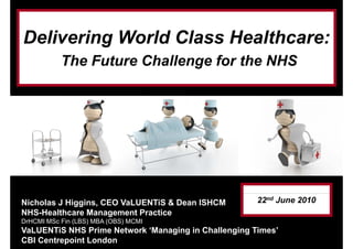 Delivering World Class Healthcare:
Th F Ch ll f h NHSThe Future Challenge for the NHS
Nicholas J Higgins, CEO VaLUENTiS & Dean ISHCM
NHS-Healthcare Management Practice
DrHCMI MSc Fin (LBS) MBA (OBS) MCMI
22nd June 2010
DrHCMI MSc Fin (LBS) MBA (OBS) MCMI
VaLUENTiS NHS Prime Network ‘Managing in Challenging Times’
CBI Centrepoint London
 