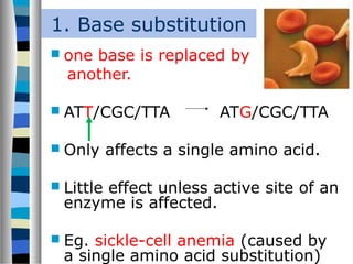 1. Base substitution
 one base is replaced by
another.
 ATT/CGC/TTA ATG/CGC/TTA
 Only affects a single amino acid.
 Little effect unless active site of an
enzyme is affected.
 Eg. sickle-cell anemia (caused by
a single amino acid substitution)
 