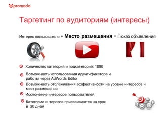 Таргетинг по аудиториям (интересы)
Интерес пользователя + Место размещения = Показ объявления
Количество категорий и подкатегорий: 1090
Возможность использования идентификатора и
работы через AdWords Editor
Возможность отслеживания эффективности на уровне интересов и
мест размещения
Исключение интересов пользователей
Категории интересов присваиваются на срок
в 30 дней
 