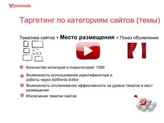 Таргетинг по категориям сайтов (темы)
Тематика сайтов + Место размещения = Показ объявления
Количество категорий и подкатегорий: 1090
Возможность использования идентификатора и
работы через AdWords Editor
Возможность отслеживания эффективности на уровне тематик и мест
размещения
Исключение тематик сайтов
 