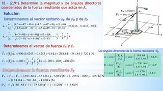 18.- (2.91) Determine la magnitud y los ángulos directores
coordenados de la fuerza resultante que actúa en A.
k0.8-j0.4243-i0.4243
6)-(00)-cos455.4()0sen455.4(
k)60(j)0cos455.4(i)045sen5.4(
r
r
u 22020
00
B
B
B






01
R
zR1-
01
R
yR1-
01
R
xR1-
144
95.1377
1120
cos
F
)F(
cos
125
95.1377
84.781
cos
F
)F(
cos
,4.82
95.1377
84.181
cos
F
)F(
cos





 












 























Solución
 Nk720-j381.84-i381.84k)0.8-j0.4243-i0.4243(900uFF B
B
B 

   
 
kN38.11120)-(781.84)(-(181.84)F
Nk1120-j781.84-i181.84
Nk400-j400-i200-Nk720-j381.84-i381.84FFF
222
R
CBR




  k
3
2
-j
3
2
-i
3
1
-
6)-(00)-6()03-(
k)60(j)06(i03
r
r
u 222
C
C
C






 Nk400-j400-i200-k)
3
2
-j
3
2
-i
3
1
(600uFF C
C
C 

 