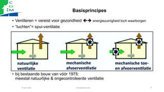 Basisprincipes
• Ventileren = vereist voor gezondheid  energiezuinigheid toch waarborgen
• “luchten”= spui-ventilatie
• ...