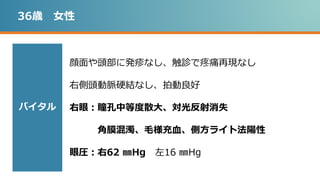 36歳 女性
顔面や頭部に発疹なし、触診で疼痛再現なし
右側頭動脈硬結なし、拍動良好
右眼：瞳孔中等度散大、対光反射消失
角膜混濁、毛様充血、側方ライト法陽性
眼圧：右62 ㎜Hg 左16 ㎜Hg
バイタル
 