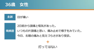 36歳 女性
目が痛い
主訴
現病歴
2日前から頭痛と嘔気があった。
いつもの片頭痛と思い、痛み止めで様子をみていた。
今日、右眼の痛みと見えづらさがあり受診。
打ってはない
＋
 