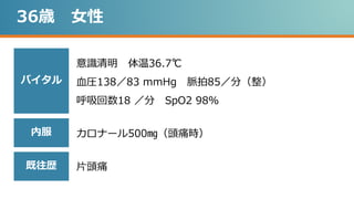 36歳 女性
意識清明 体温36.7℃
血圧138／83 mmHg 脈拍85／分（整）
呼吸回数18 ／分 SpO2 98％
片頭痛
カロナール500㎎（頭痛時）
バイタル
内服
既往歴
 