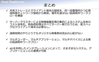 まとめ 
共有ストレージとクライアント端末の接続を、同一設置場所かつ広帯 域有線ネットワーク接続から解放。場所を選ばない協調制作ワークフ ローを構築 
サーバークラスターによる映像編集処理の集約によるシステム全体の コスト効率化。高負荷処理はすべてサーバー側で行うため、高スペッ クなクライアント端末は必要なし。 
遠隔地間のやりとりでもオリジナル映像素材流出の心配がない 
マルチユーザー、マルチアプリケーション、マルチデバイスによる真 の協調制作ワークフロー 
APIを利用したインテグレーションによって、さまざまなシステム、ア プリケーションとの連携が可能  